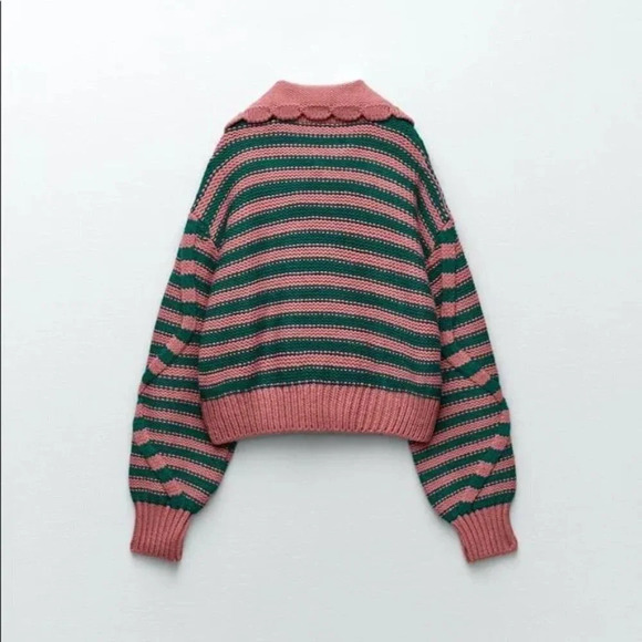 Zara Blogger Fave Striped Textured Knit Peter Pan Collared Sweater Pink & Teal M - Picture 4 of 10